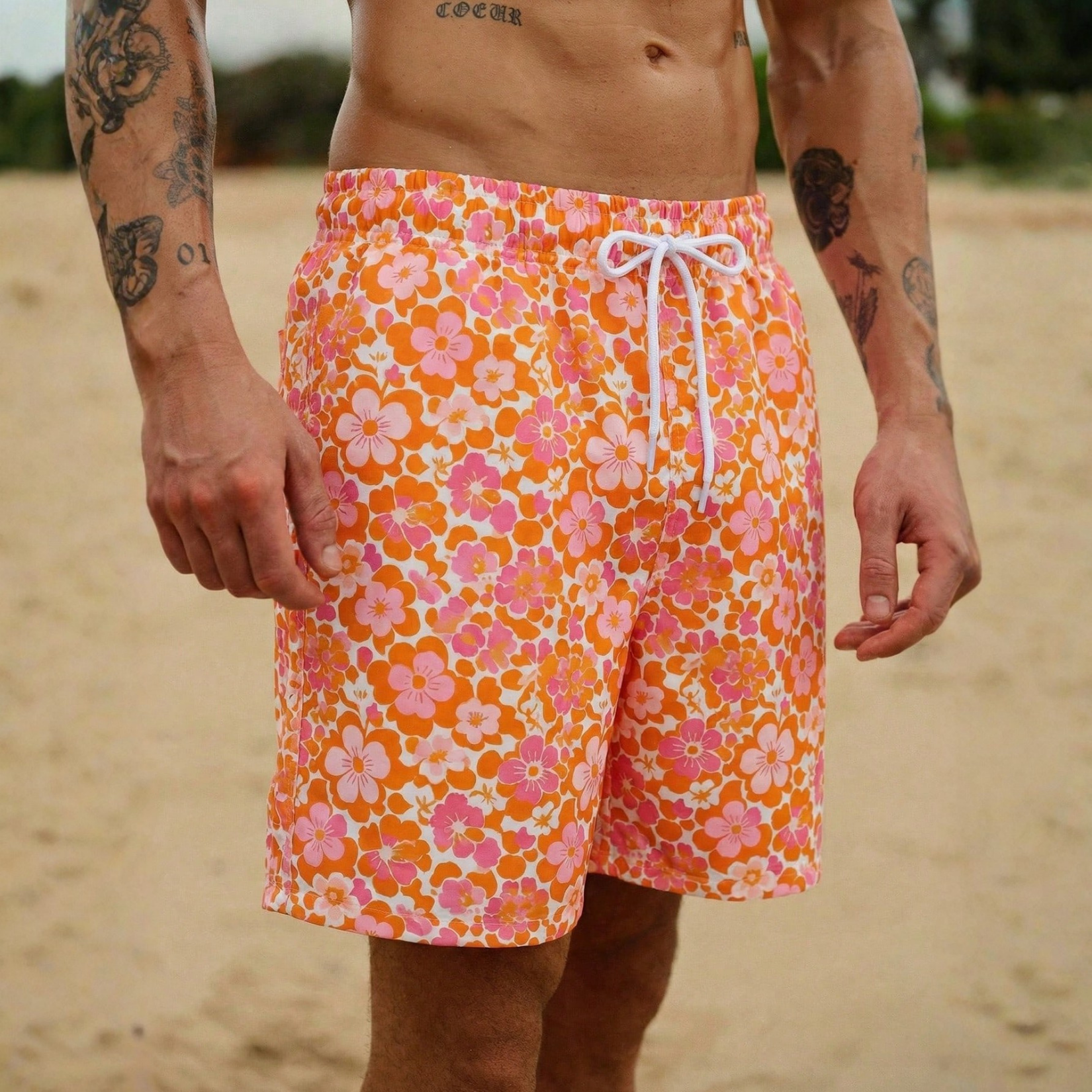 Floral Print Drawstring Beach Shorts For Men And Women Matching Couples