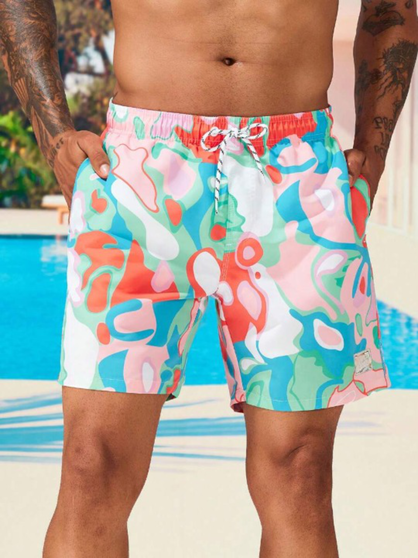 Letter Patched Allover Print Drawstring Swim Trunks-Waves And Trunks