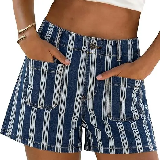 Casual Beach Vacation Striped Denim Shorts For Women