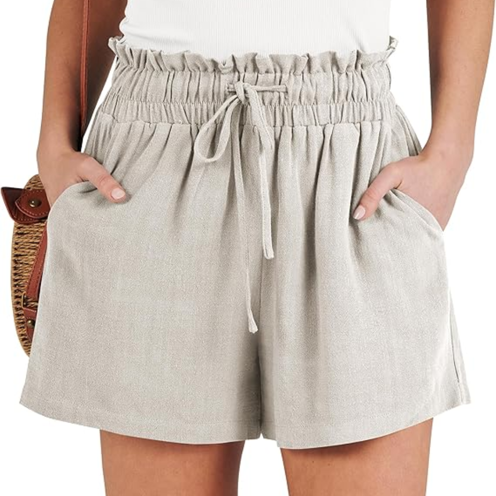 High Waist Wide  Drawstring Linen Shorts For Women