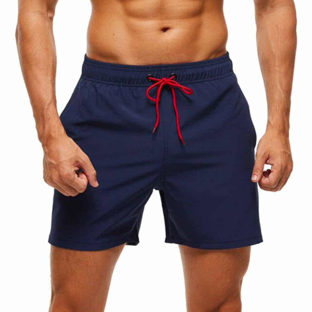 Navy Blue With Red String Swim Shorts-Waves And Trunks