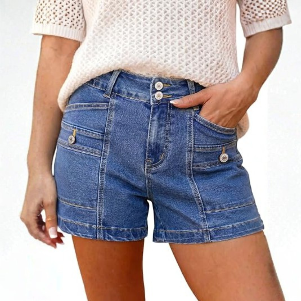 High Waisted Stretch Double Button Denim Shorts For Women