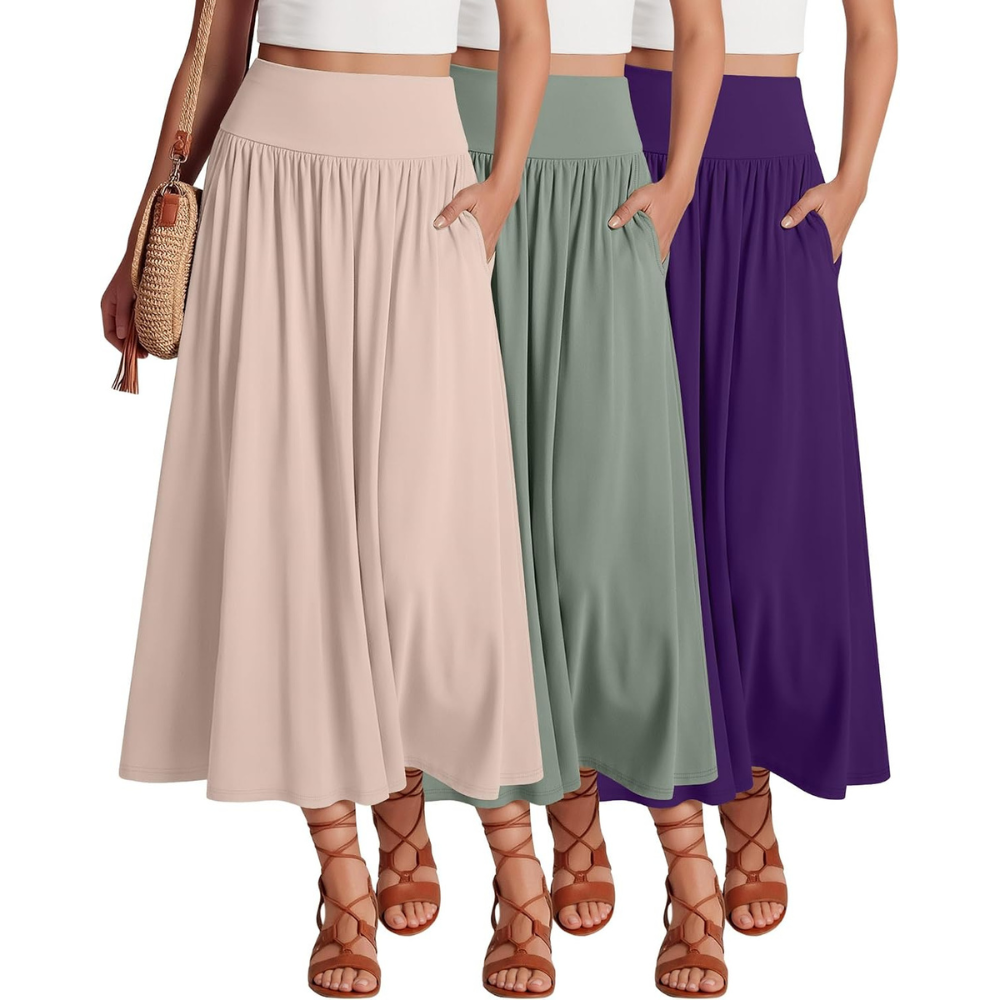 Pack Of 3 Casual Pleated Summer Length A Line Skirts For Women