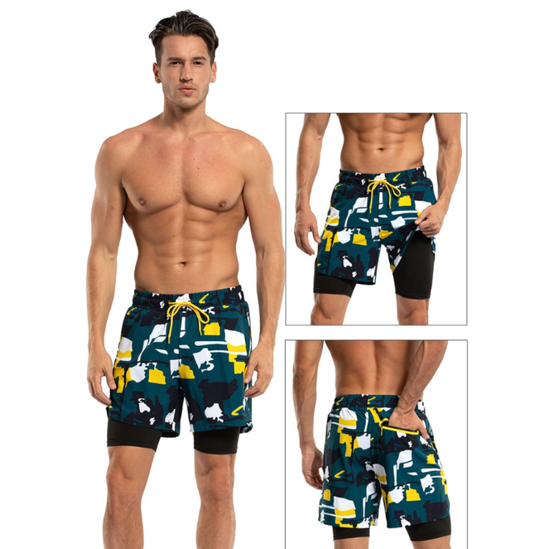 Men's 2 in 1 Quick-Dry Yellow Geometric Print Sports Shorts-Waves And Trunks