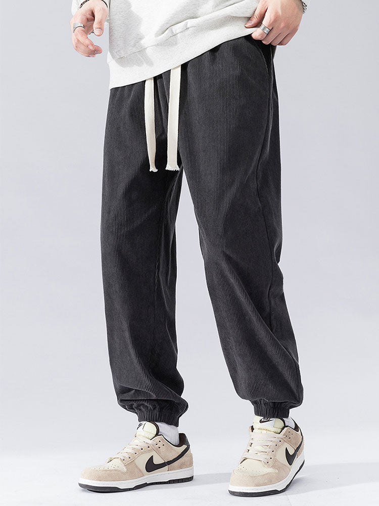 Solid Corduroy Joggers With Drawstring-Waves And Trunks
