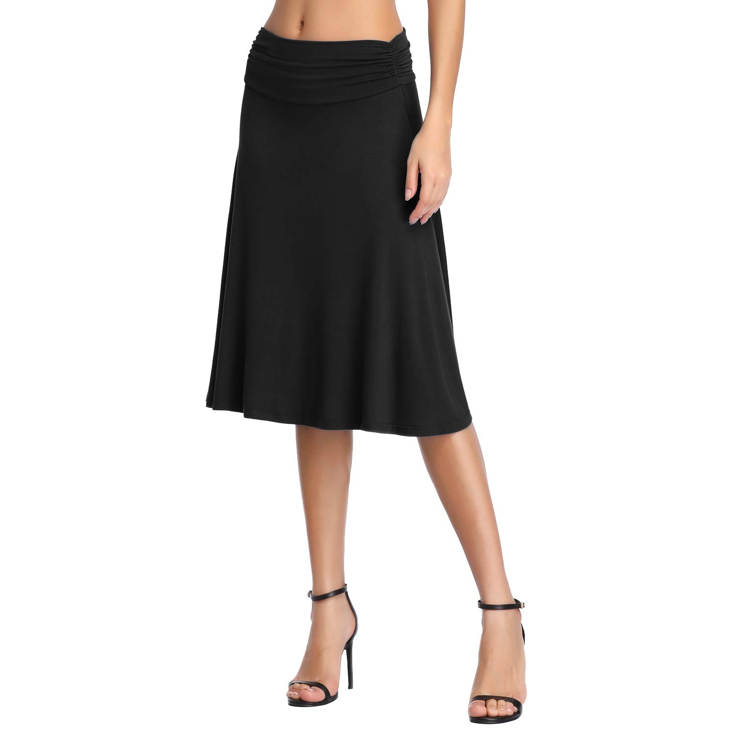 Ruched High Rise Stretchy Flared Casual Skirt