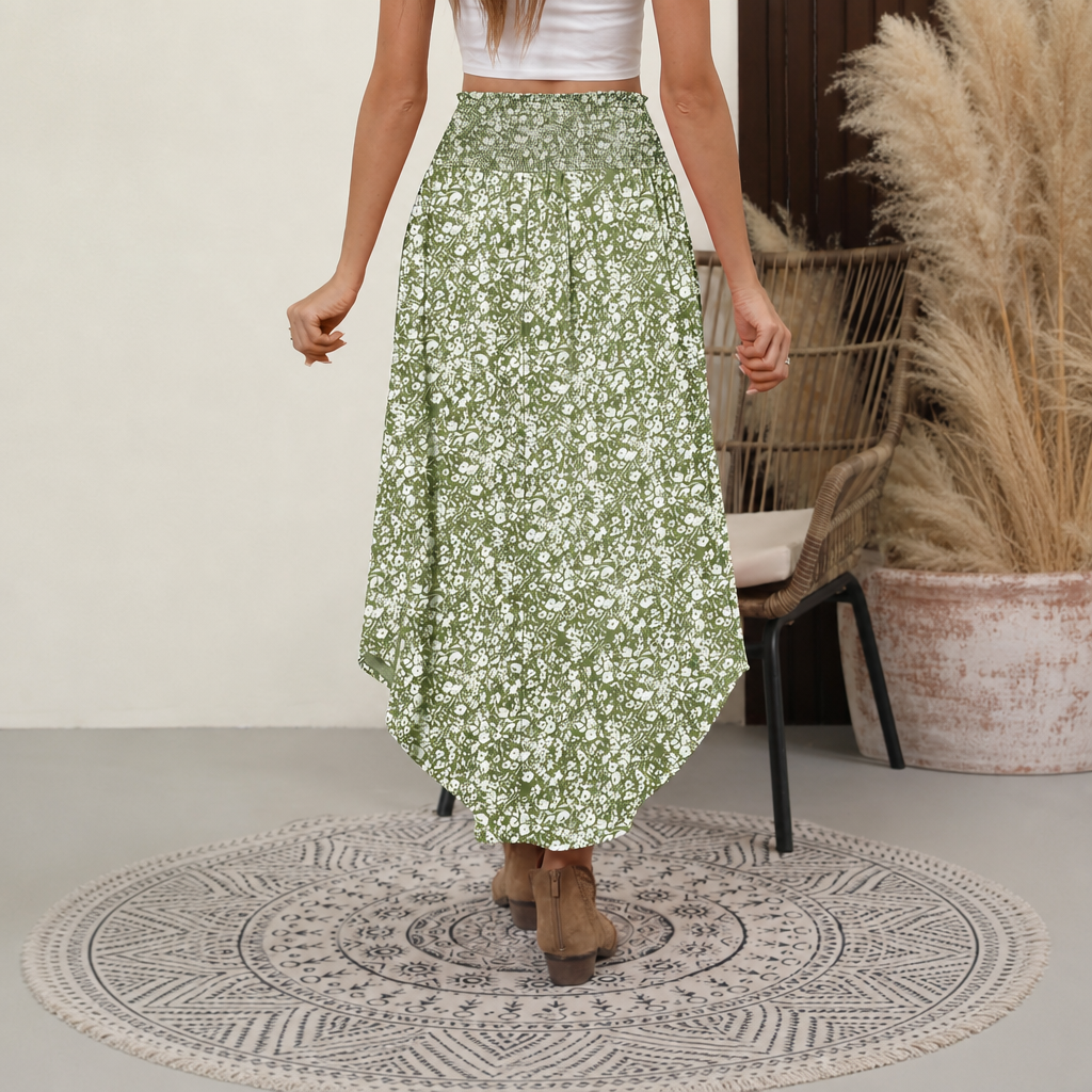 Summer Boho Floral Flowy Pleated Maxi Skirts With Pockets For Women