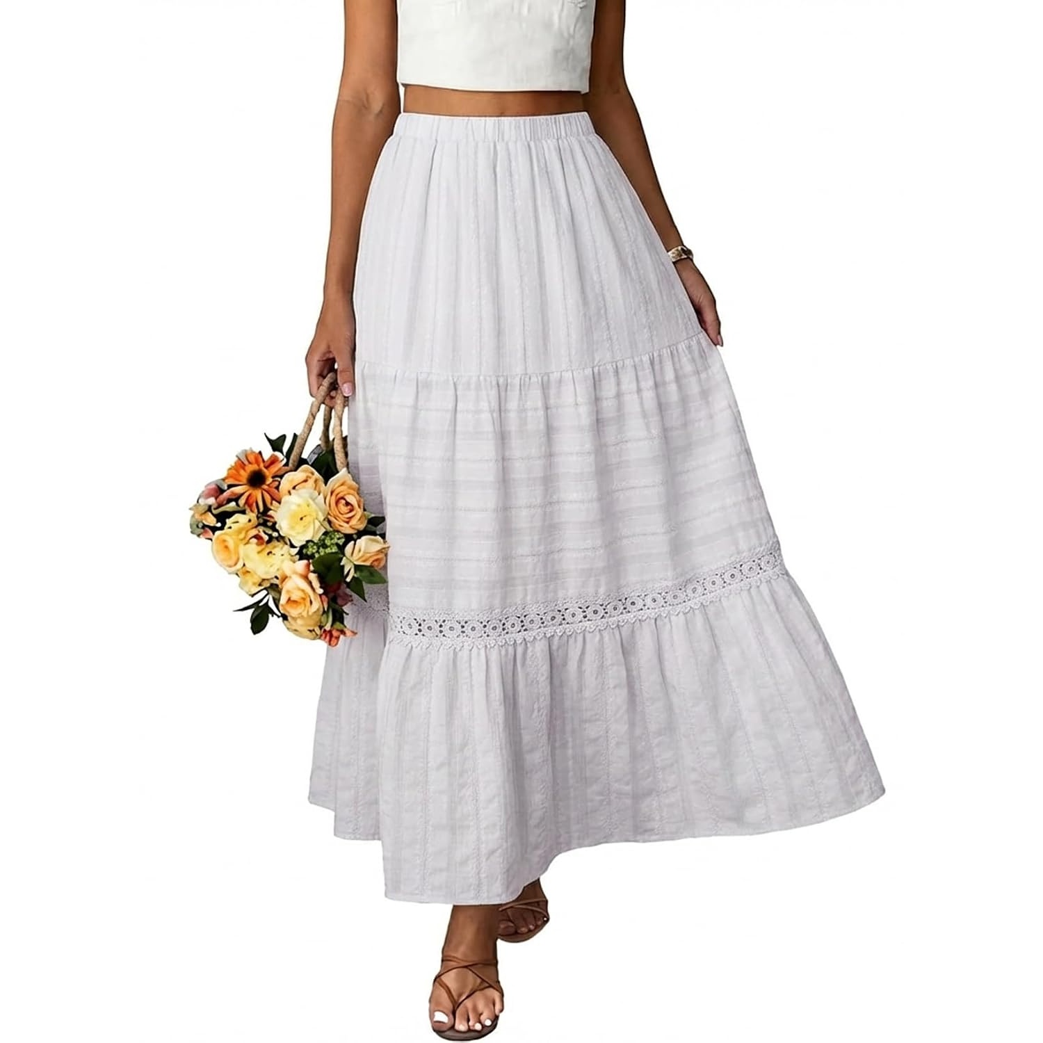 Boho Crochet Lace Tiered Cotton Maxi Skirt