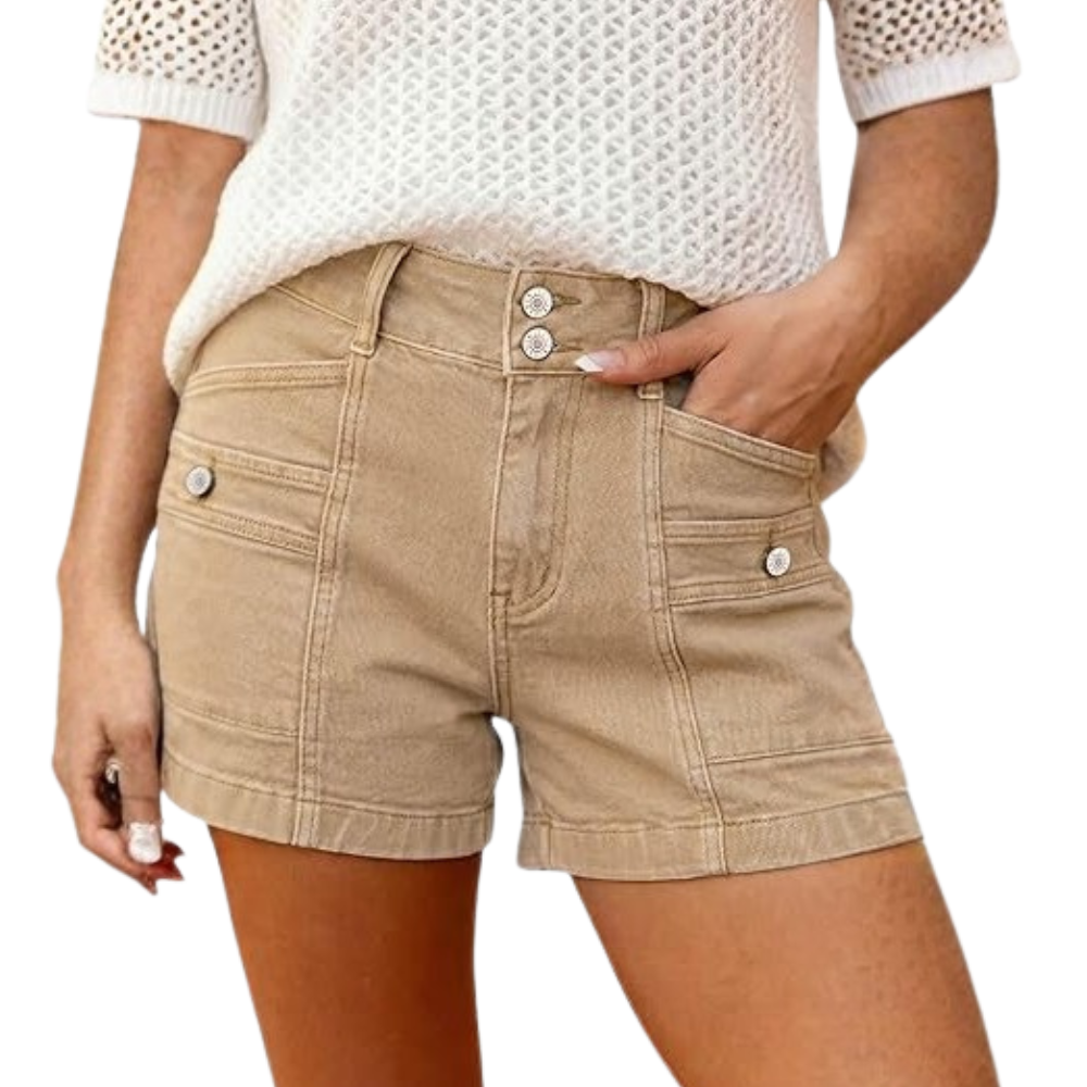 High Waisted Stretch Double Button Denim Shorts For Women