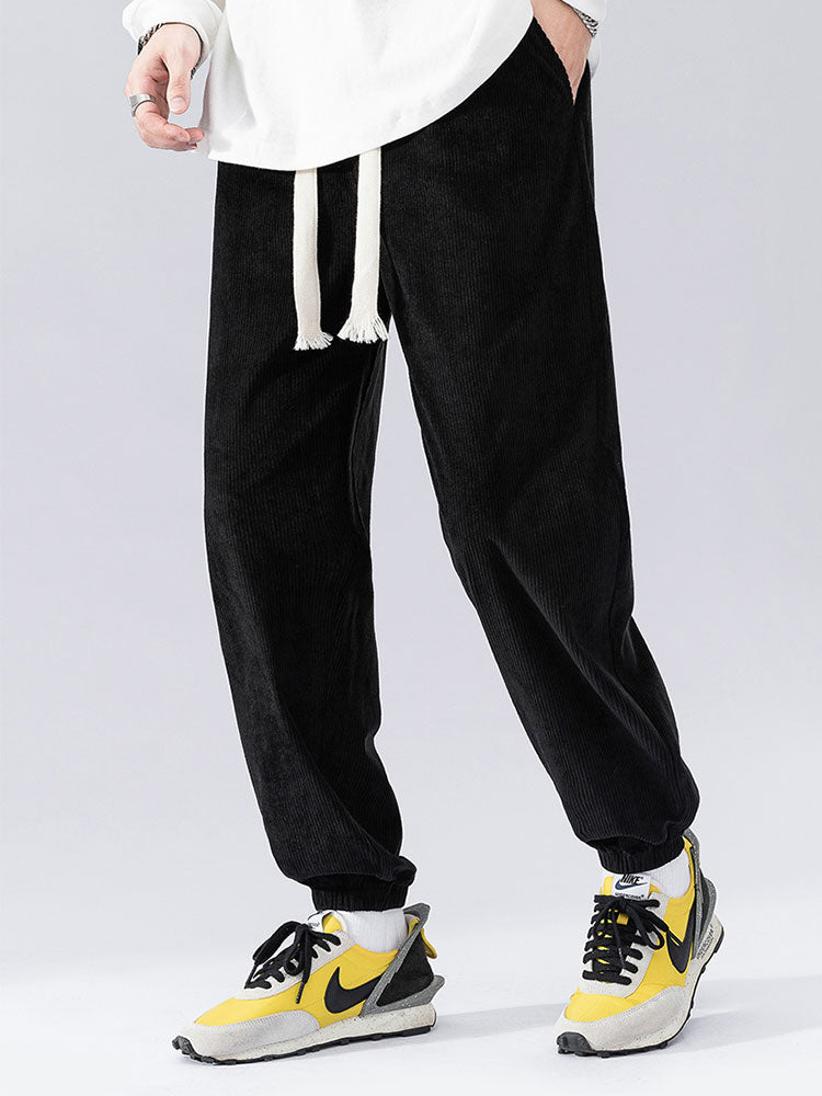 Solid Corduroy Joggers With Drawstring-Waves And Trunks