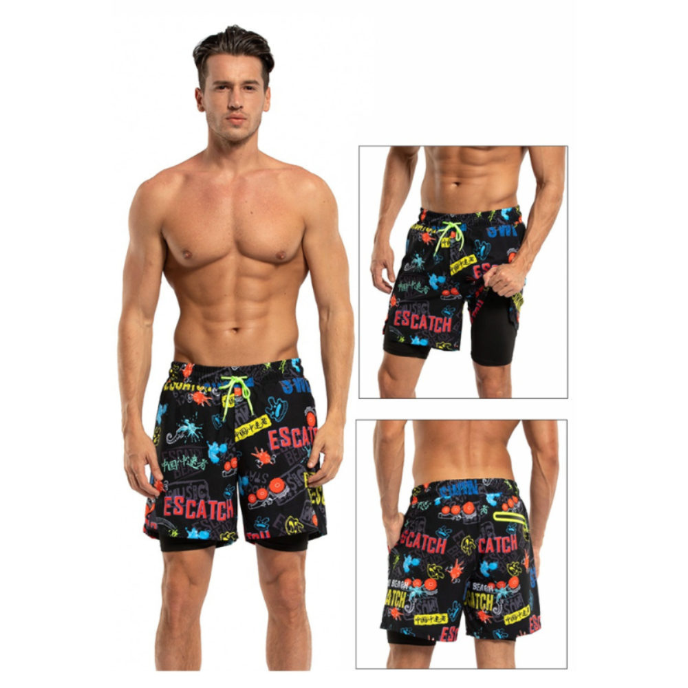 Men's 2 in 1 Quick-Dry Graffiti Print Sports Shorts-Waves And Trunks