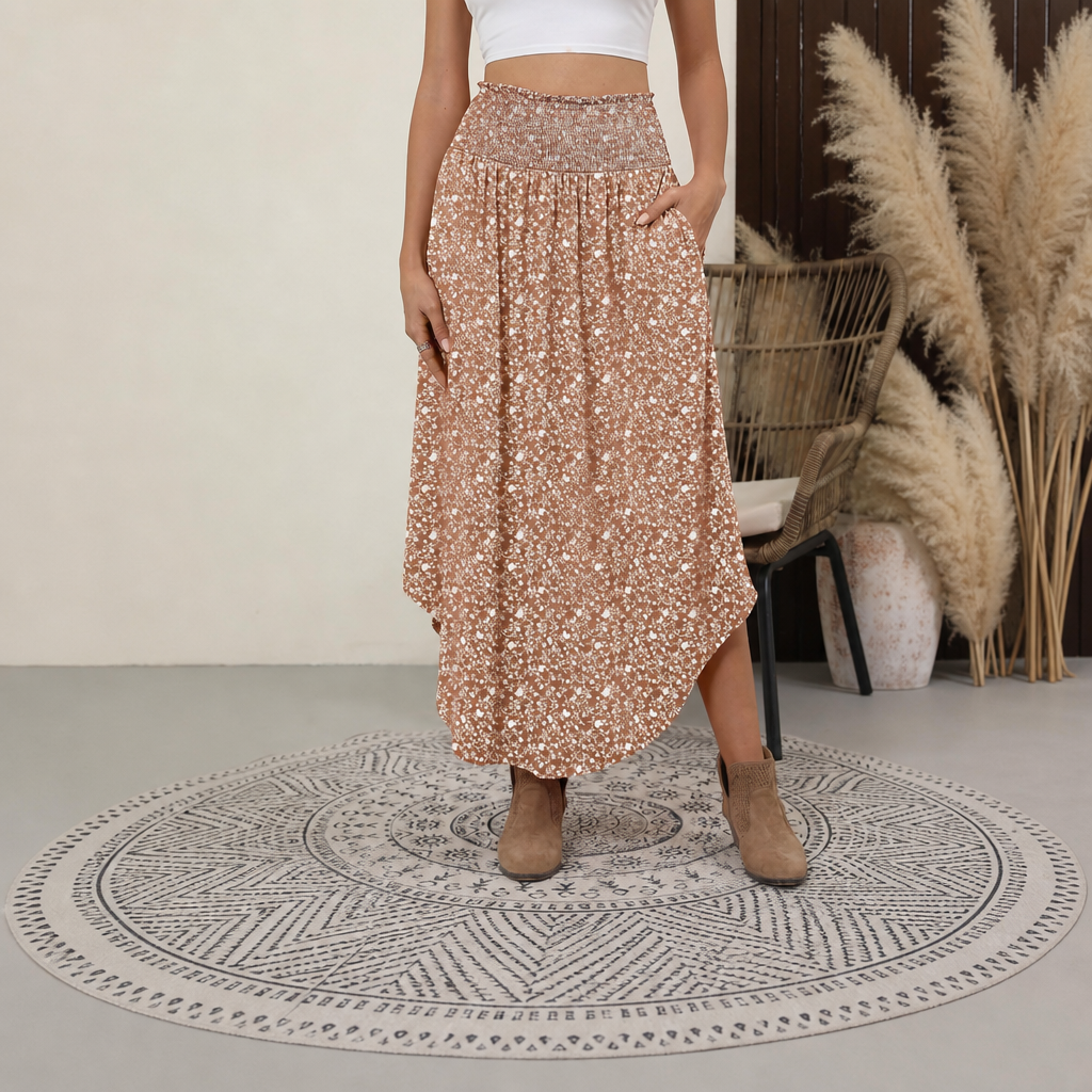 Summer Boho Floral Flowy Pleated Maxi Skirts With Pockets For Women