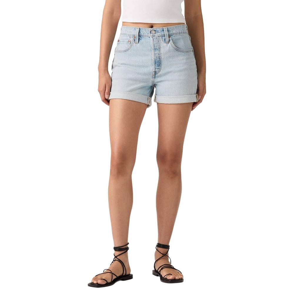 Distressed High Rise Denim Shorts With Pockets