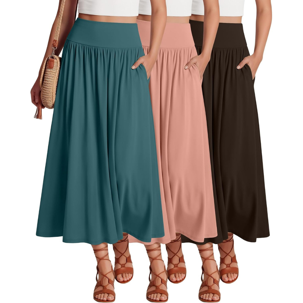 Pack Of 3 Casual Pleated Summer Length A Line Skirts For Women