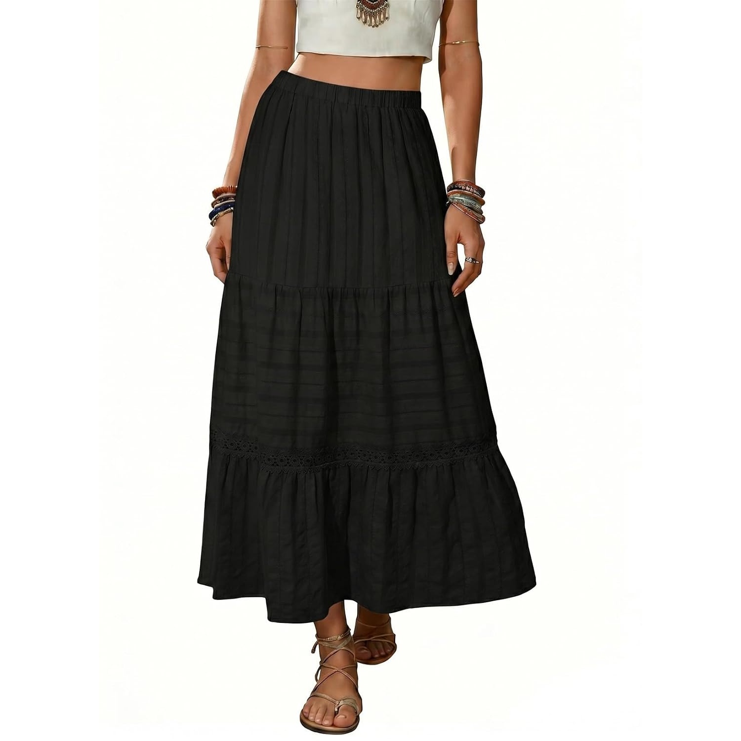 Boho Crochet Lace Tiered Cotton Maxi Skirt