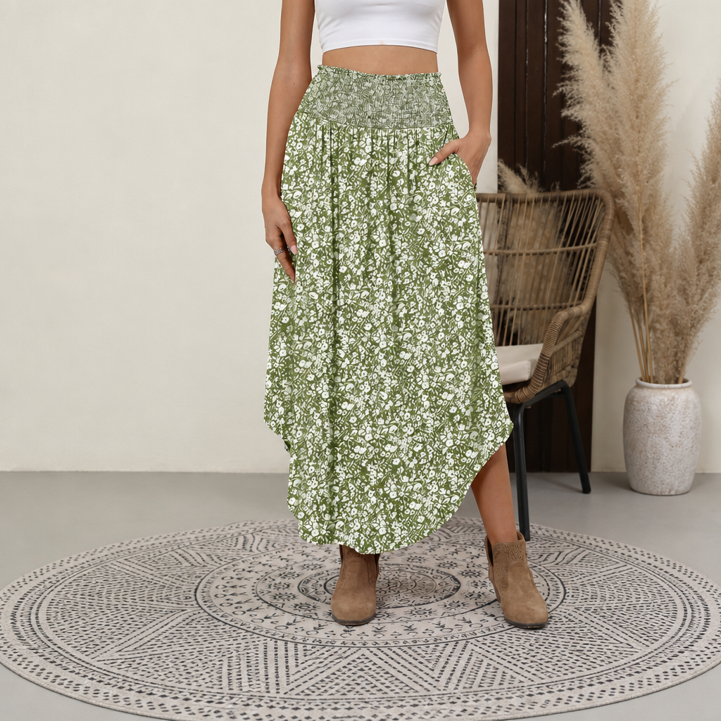 Summer Boho Floral Flowy Pleated Maxi Skirts With Pockets For Women