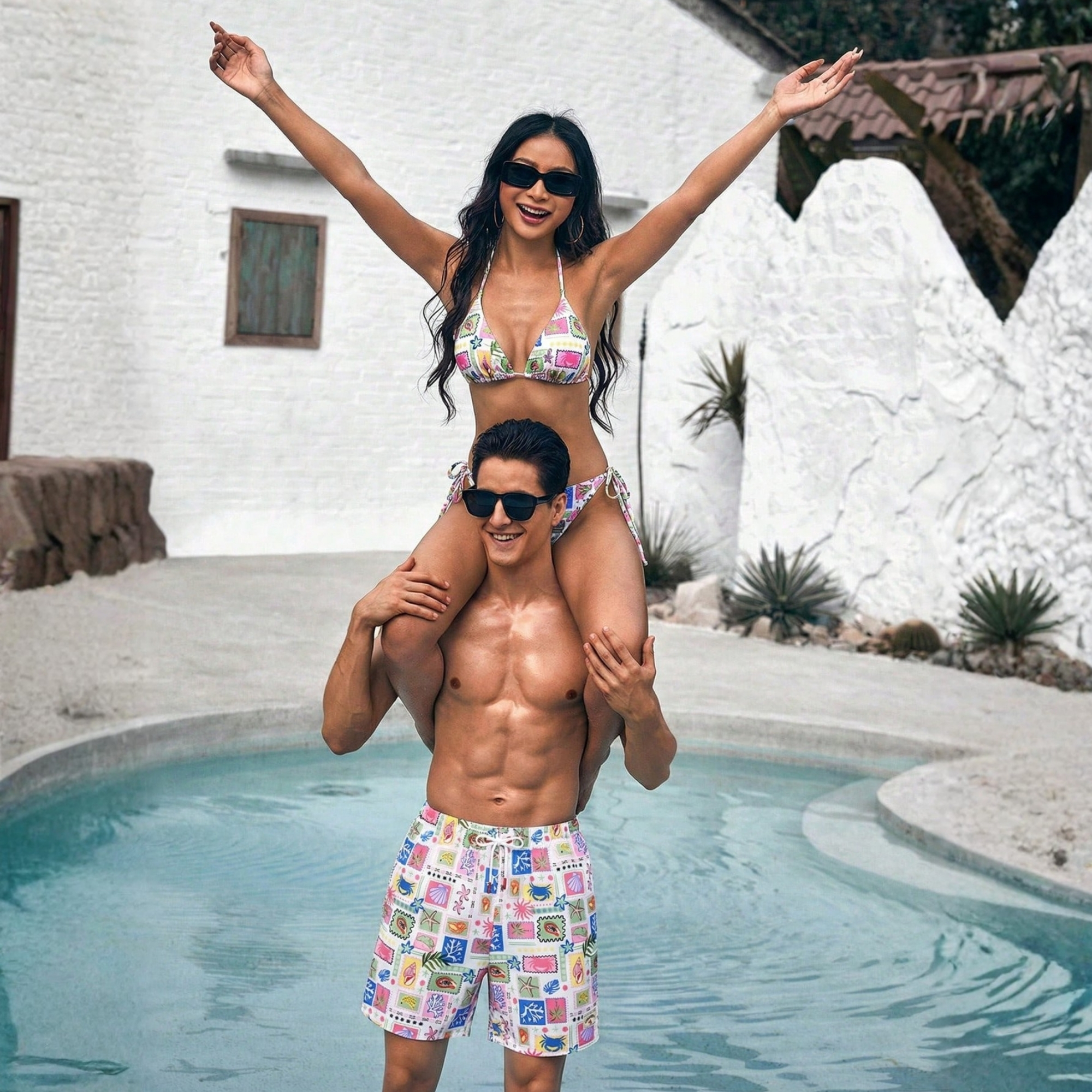 All Over Print Drawstring Beach Shorts Men Swim Trunks With One Piece Swimsuit Couple Set