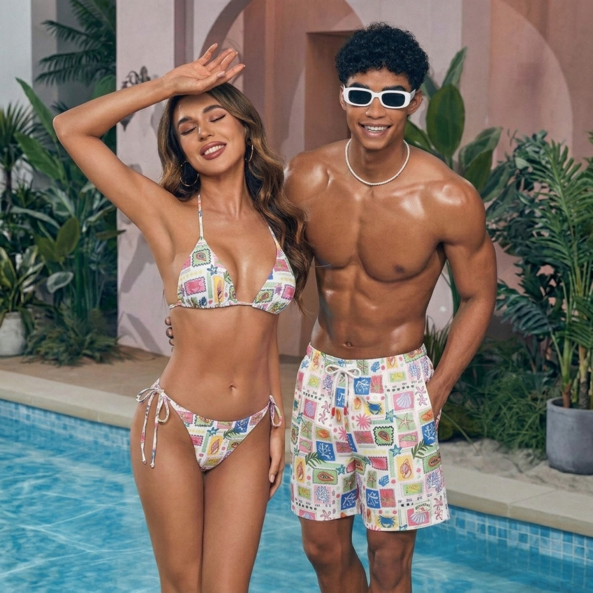 All Over Print Drawstring Beach Shorts Men Swim Trunks With One Piece Swimsuit Couple Set