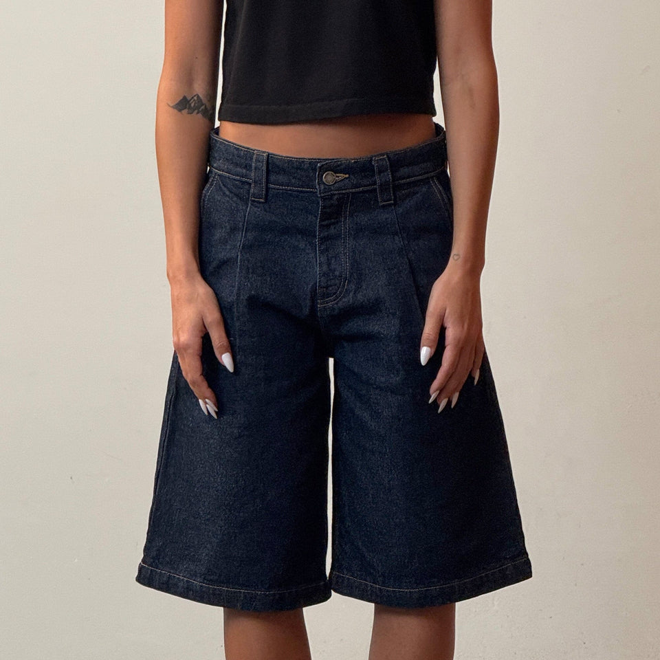 Baggy Wide Fit Pleated Design Denim Shorts