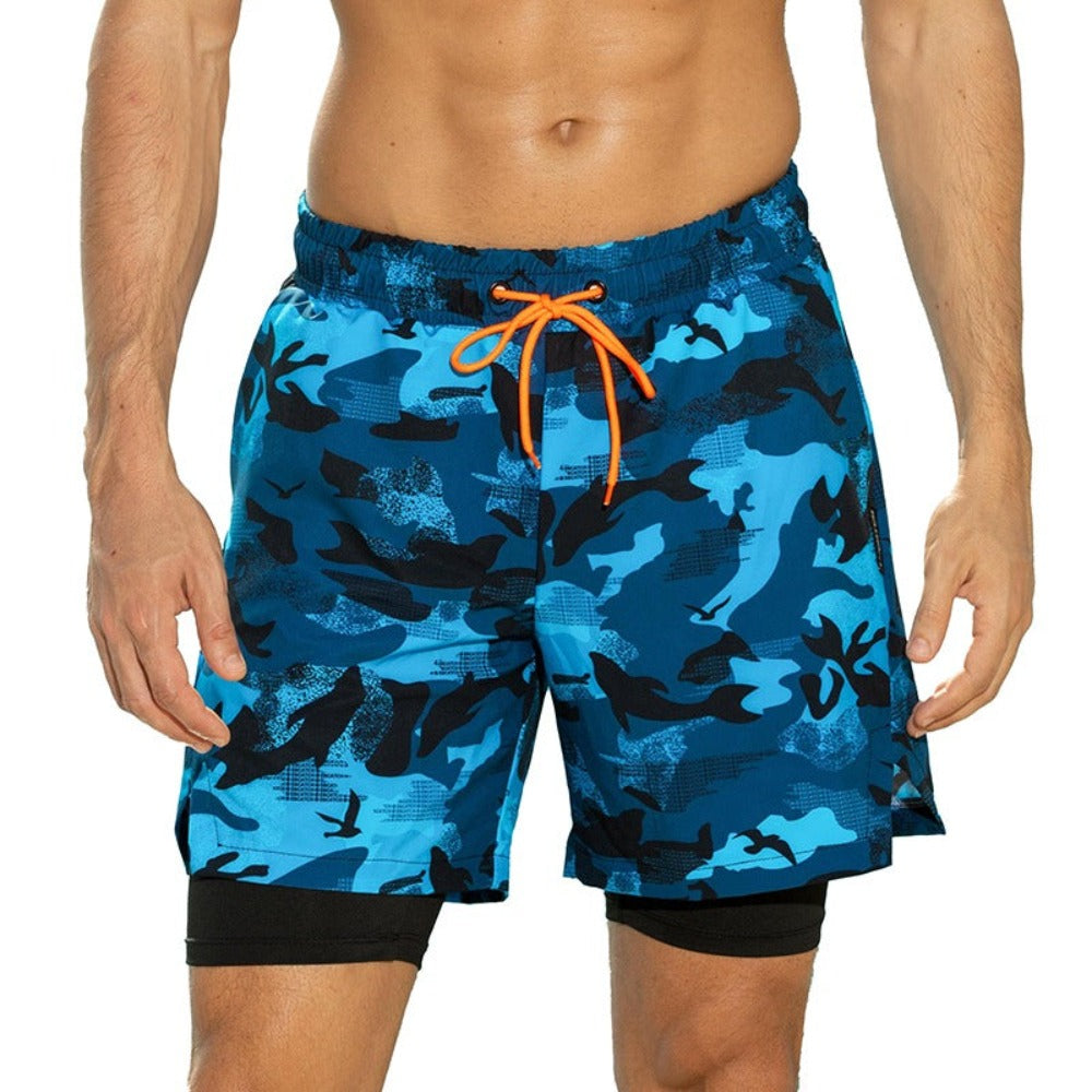 Men's 2 in 1 Quick-Dry Blue Camouflage Print Sports Shorts-Waves And Trunks