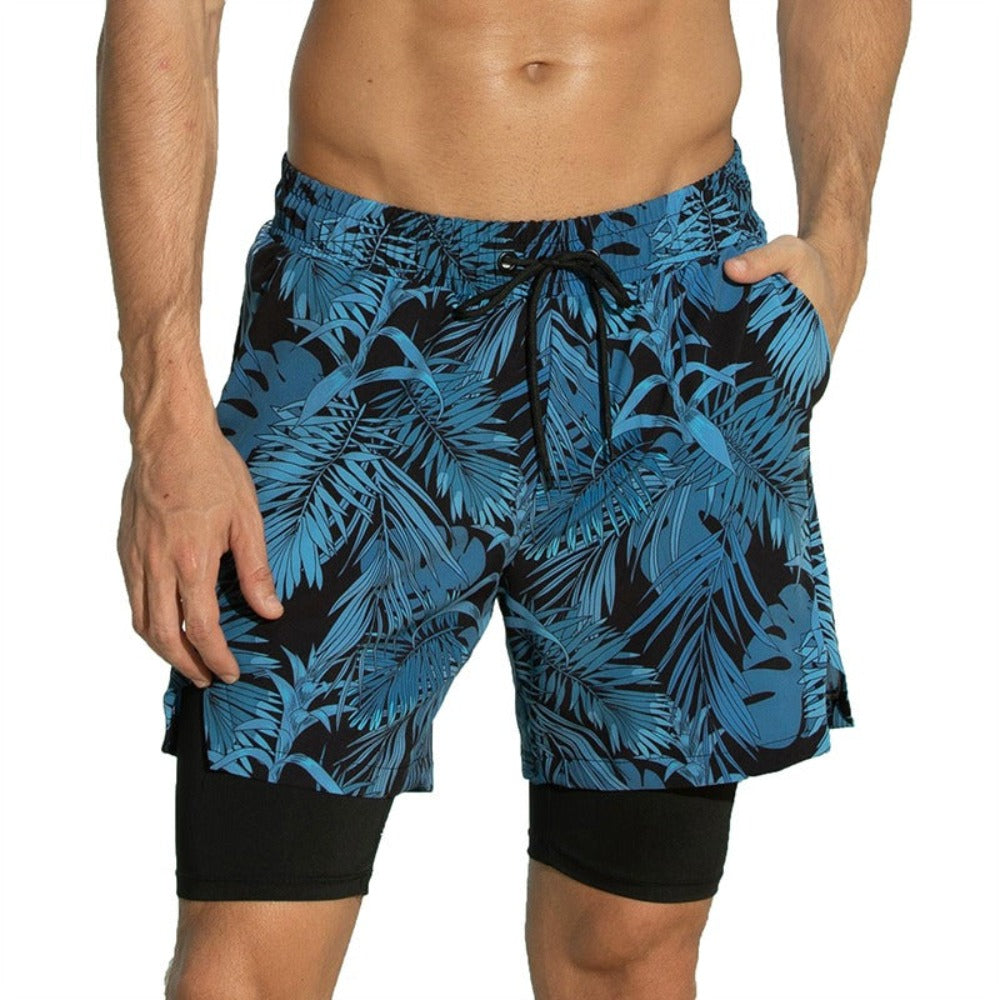 Men's 2 in 1 Quick-Dry Blue Leaves Print Sports Shorts-Waves And Trunks
