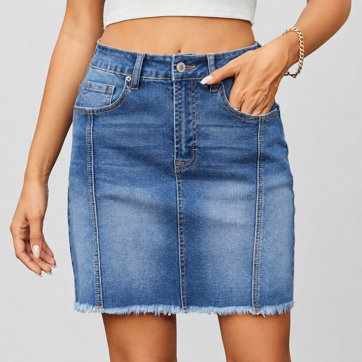 Casual Denim High Stretch Skirt With Zip For Women