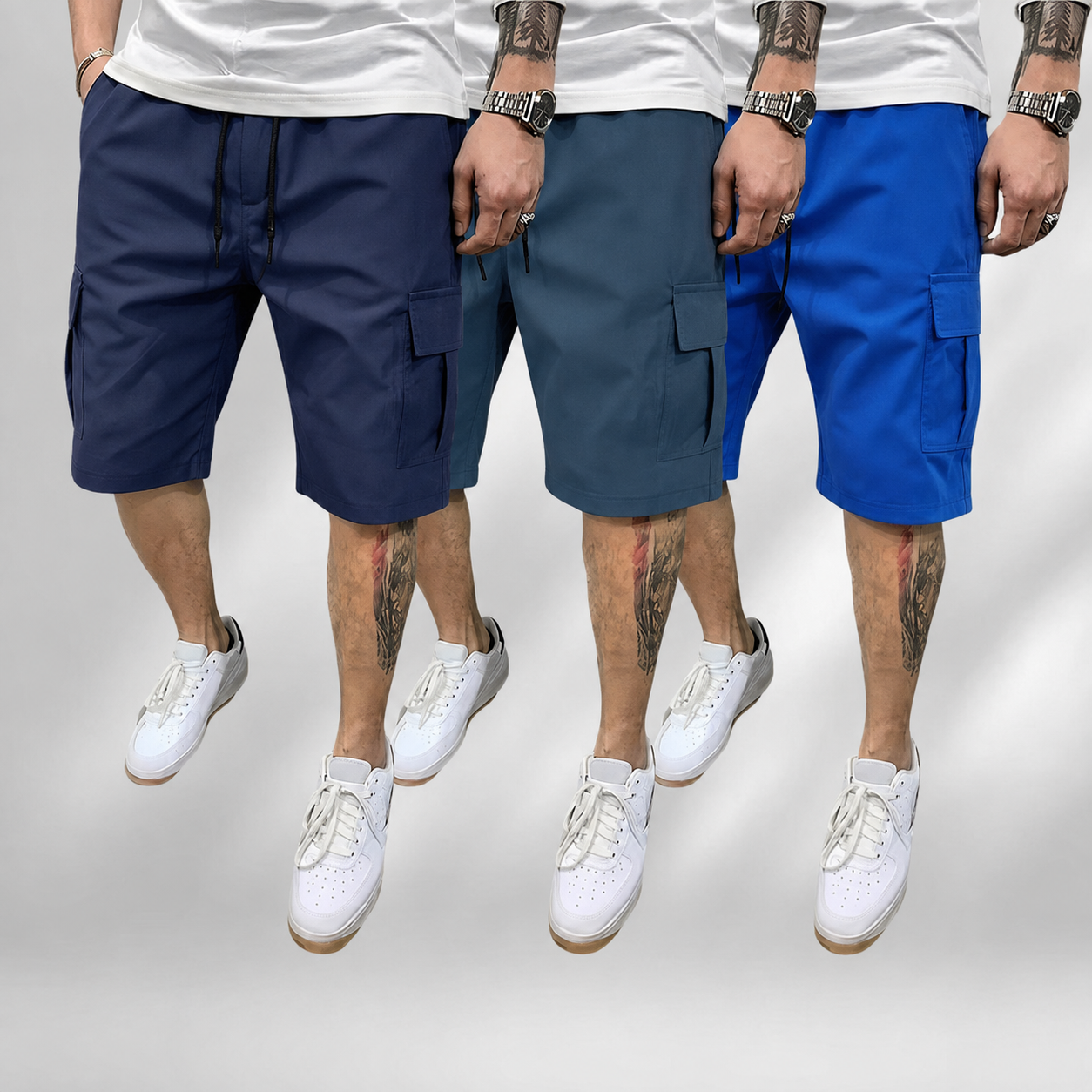 Pack Of 3 Drawstring Color Block Cargo Shorts With Pockets For Men