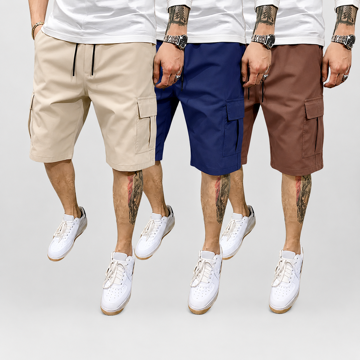 Pack Of 3 Drawstring Color Block Cargo Shorts With Pockets For Men