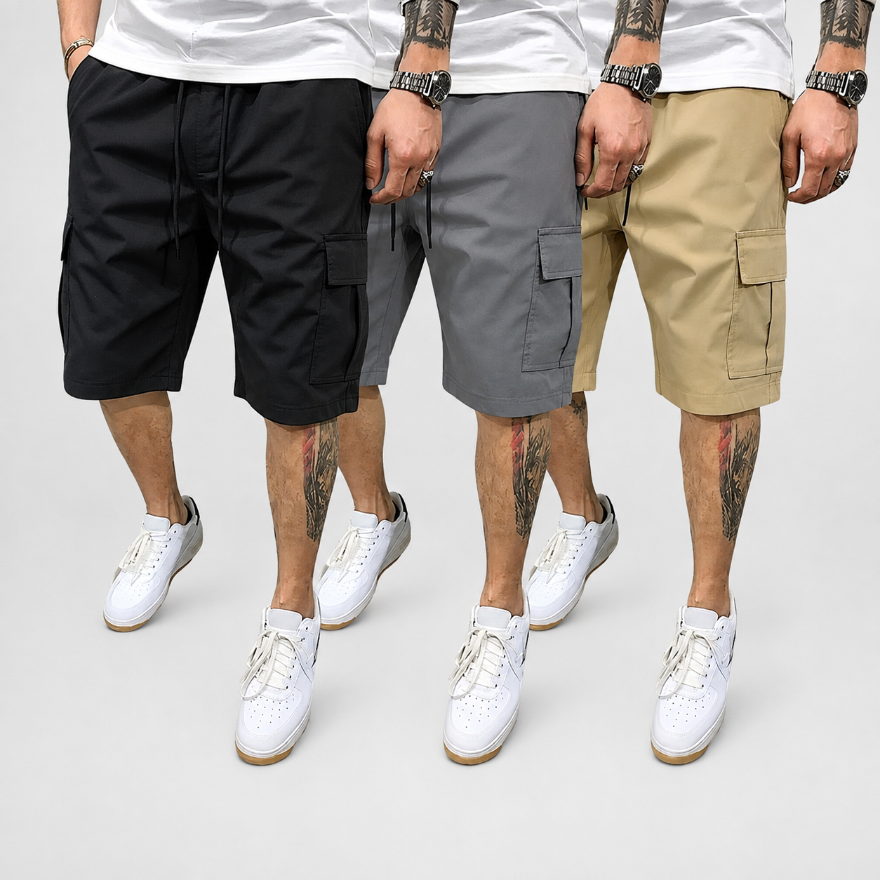 Pack Of 3 Drawstring Color Block Cargo Shorts With Pockets For Men