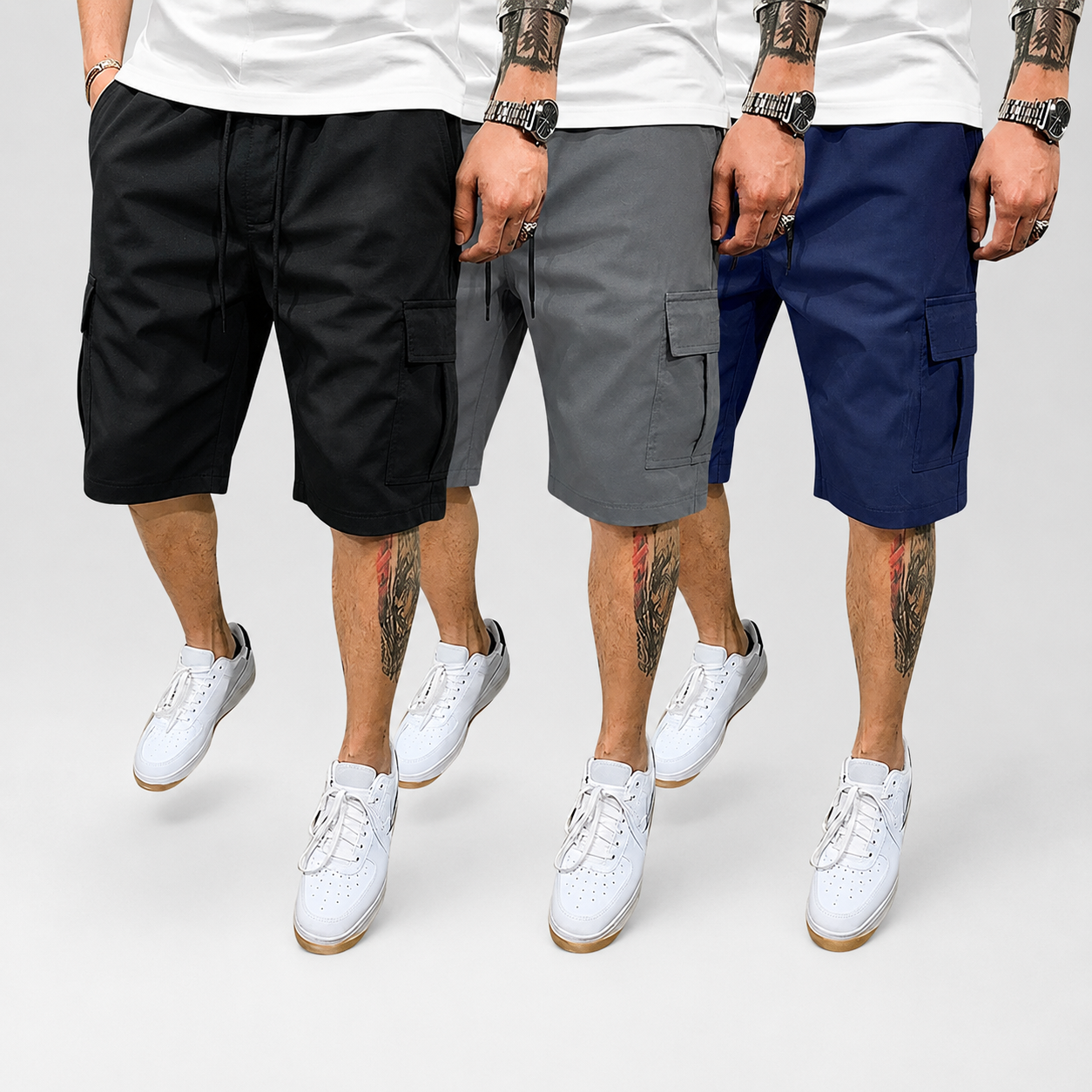Pack Of 3 Drawstring Color Block Cargo Shorts With Pockets For Men