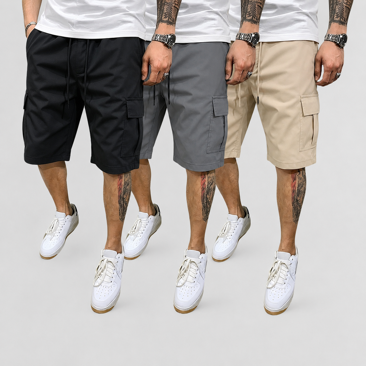 Pack Of 3 Drawstring Color Block Cargo Shorts With Pockets For Men