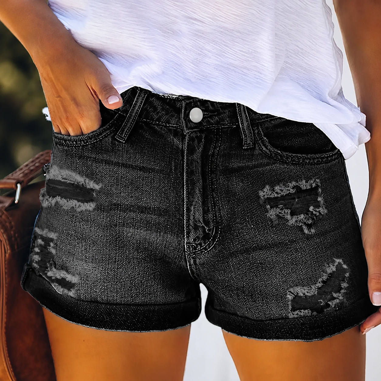 Casual Fitted Denim Summer Ripped Shorts For Women