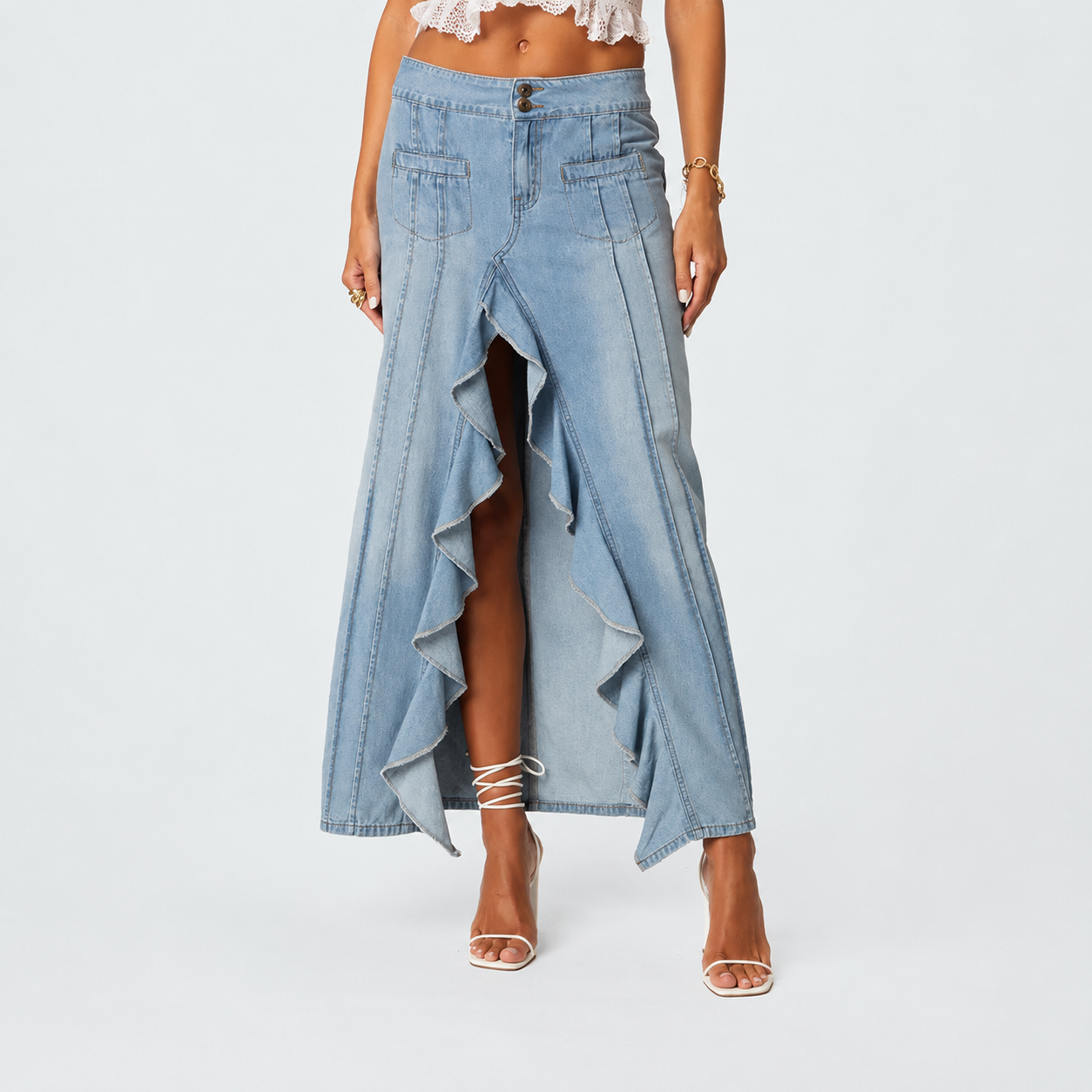 Ruffle Denim Slitted Skirt For Women