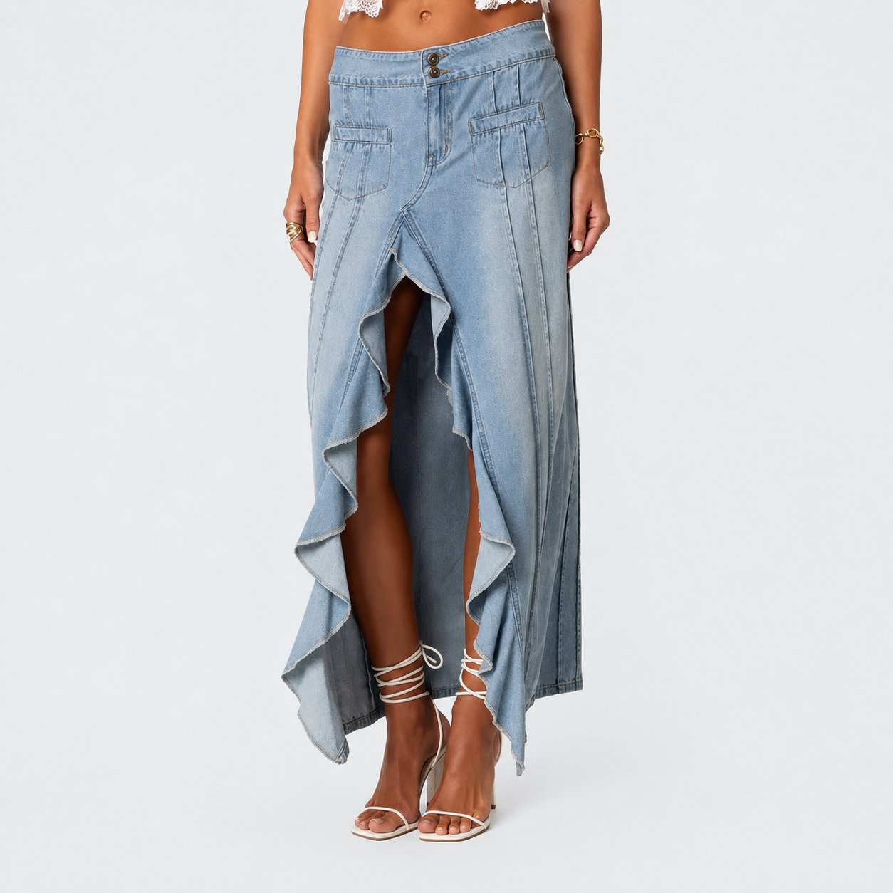 Ruffle Denim Slitted Skirt For Women