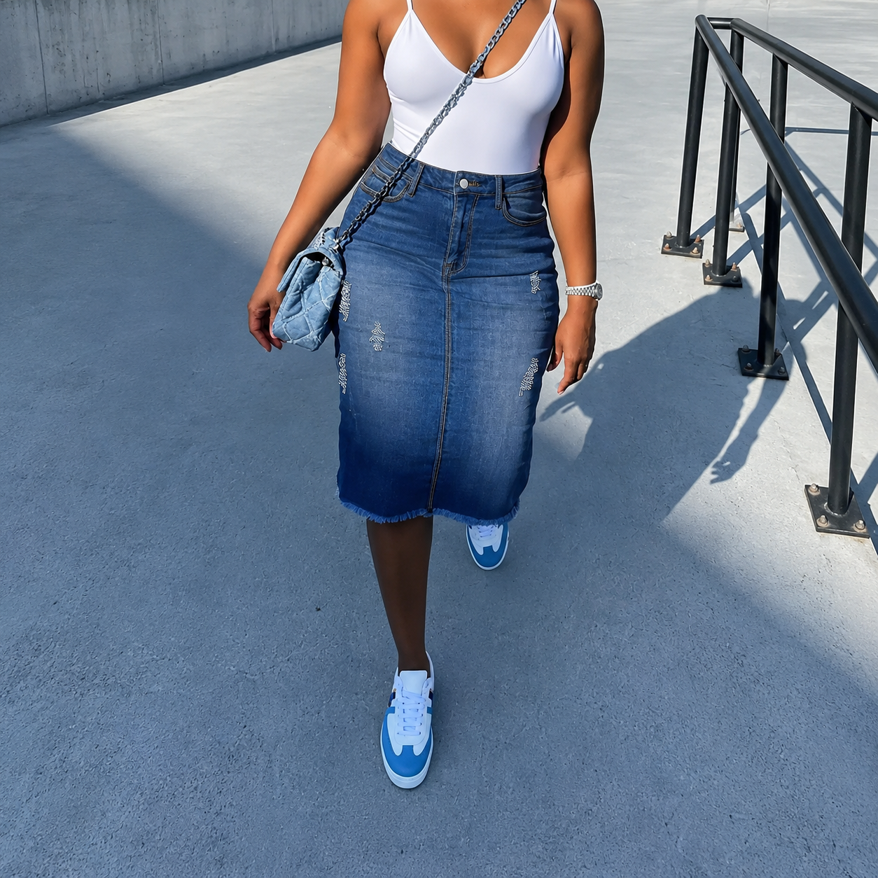 Casual Fitted Denim Ripped Skirt With Button For Women