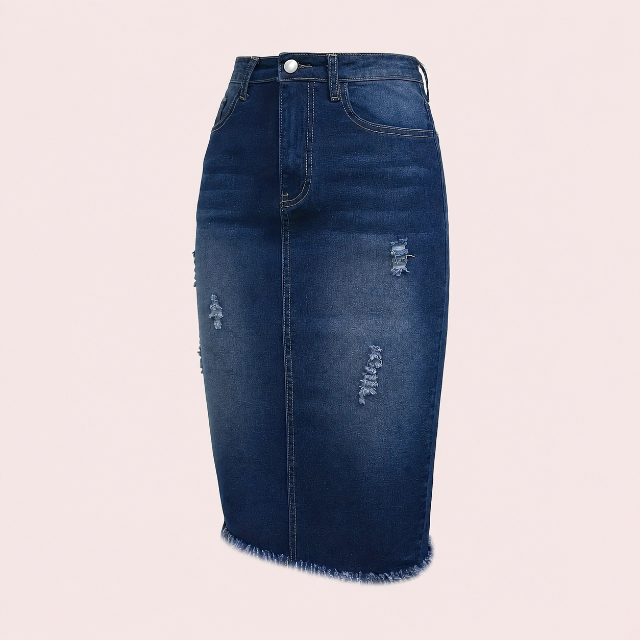 Casual Fitted Denim Ripped Skirt With Button For Women