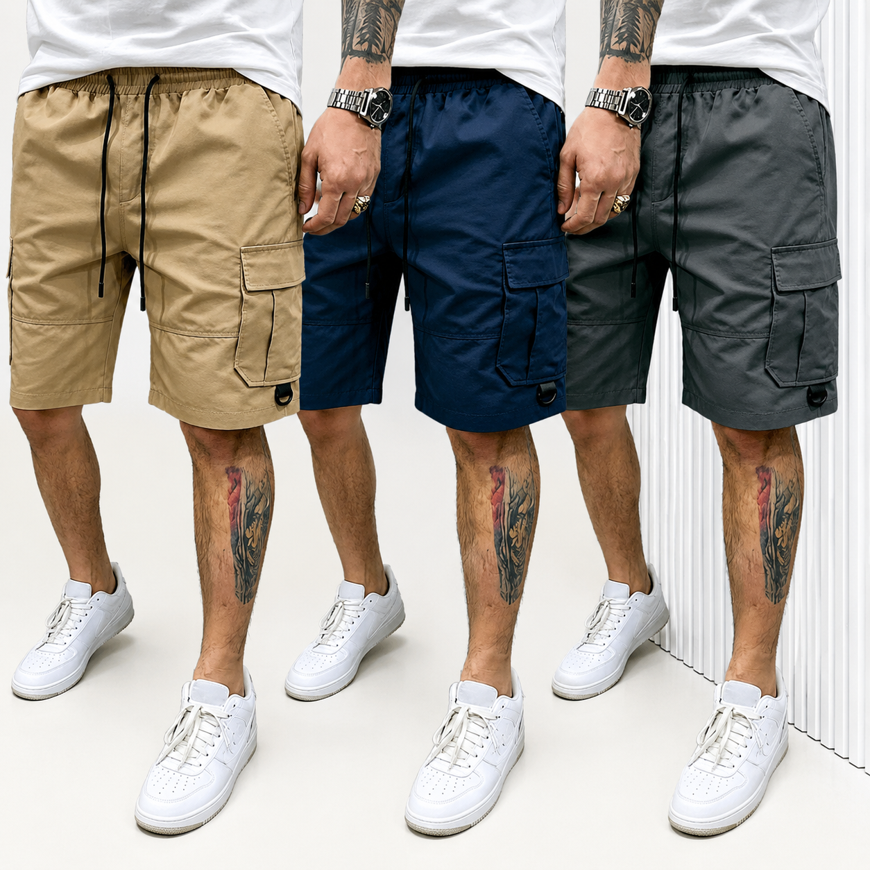 Pack of 3 Multi Pocket Drawstring Casual Cargo Shorts for Men