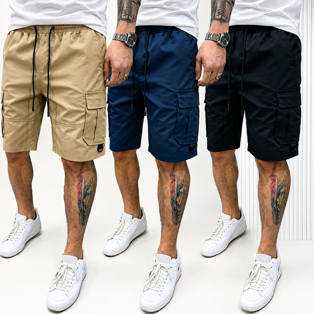 Pack of 3 Multi Pocket Drawstring Casual Cargo Shorts for Men