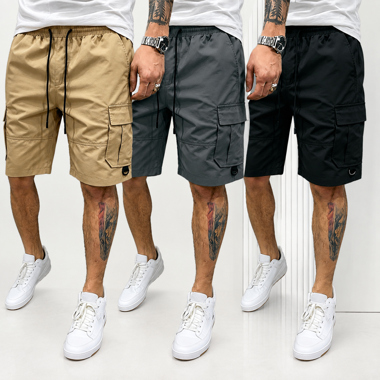 Pack of 3 Multi Pocket Drawstring Casual Cargo Shorts for Men