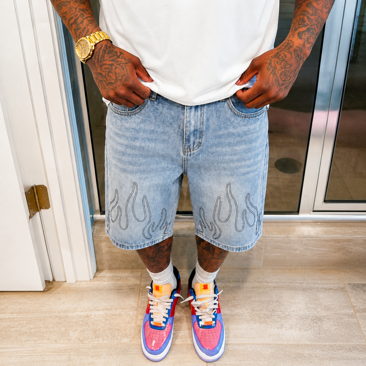 Casual Oversized Baggy Flame Graphic Denim Shorts for Men