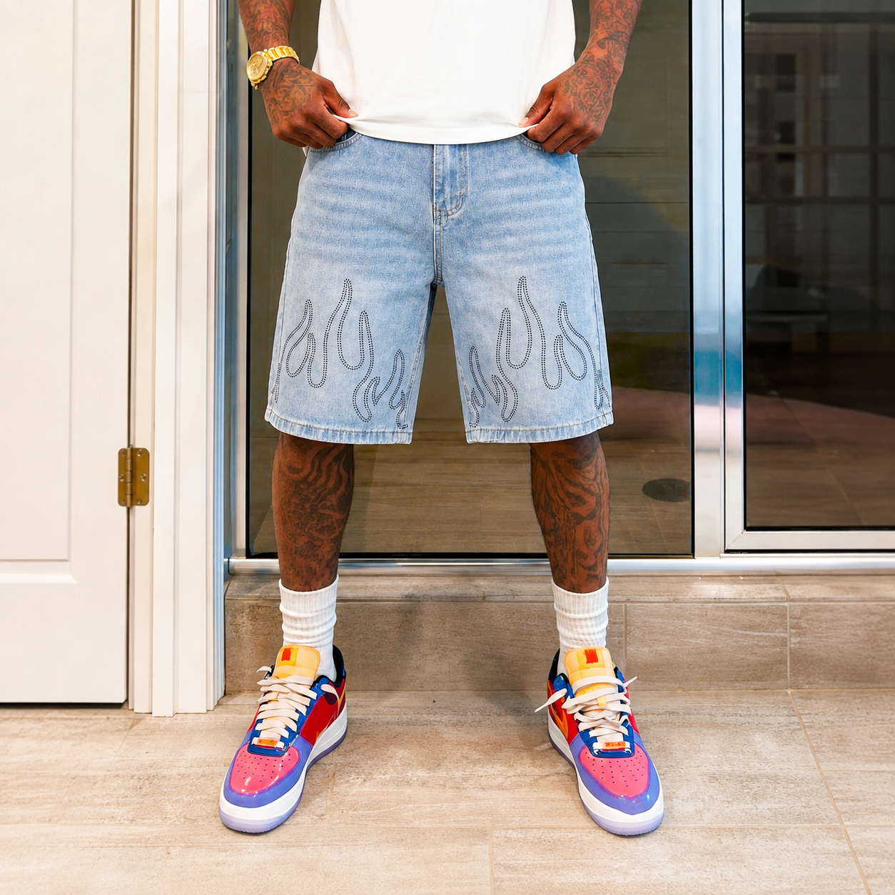 Casual Oversized Baggy Flame Graphic Denim Shorts for Men