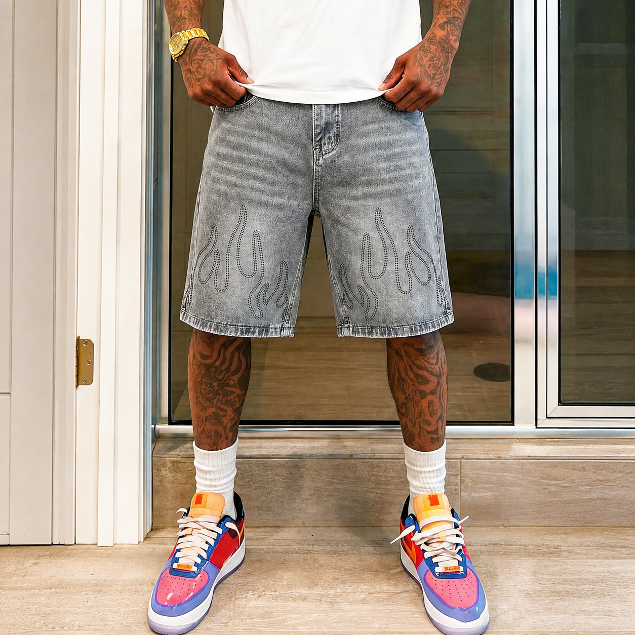 Casual Oversized Baggy Flame Graphic Denim Shorts for Men