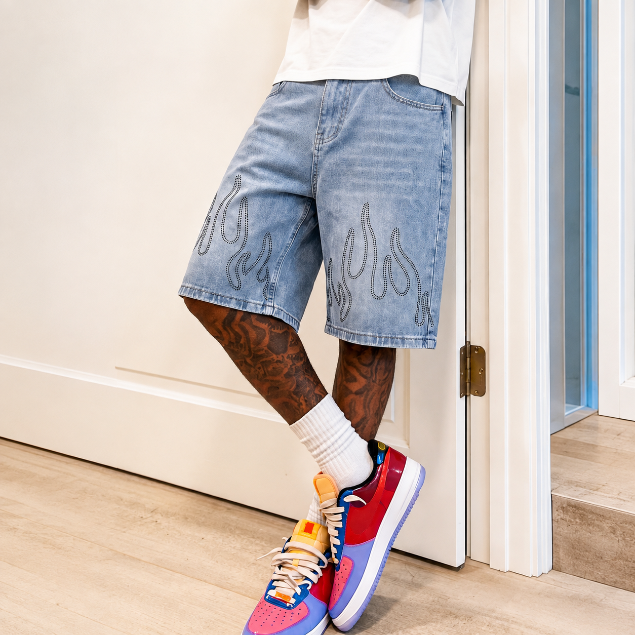 Casual Oversized Baggy Flame Graphic Denim Shorts for Men
