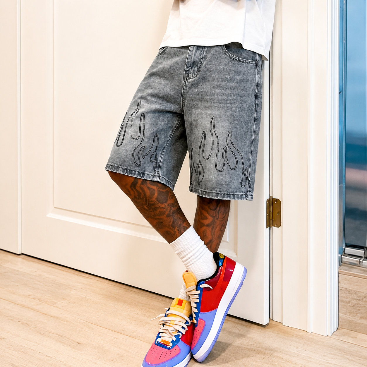 Casual Oversized Baggy Flame Graphic Denim Shorts for Men