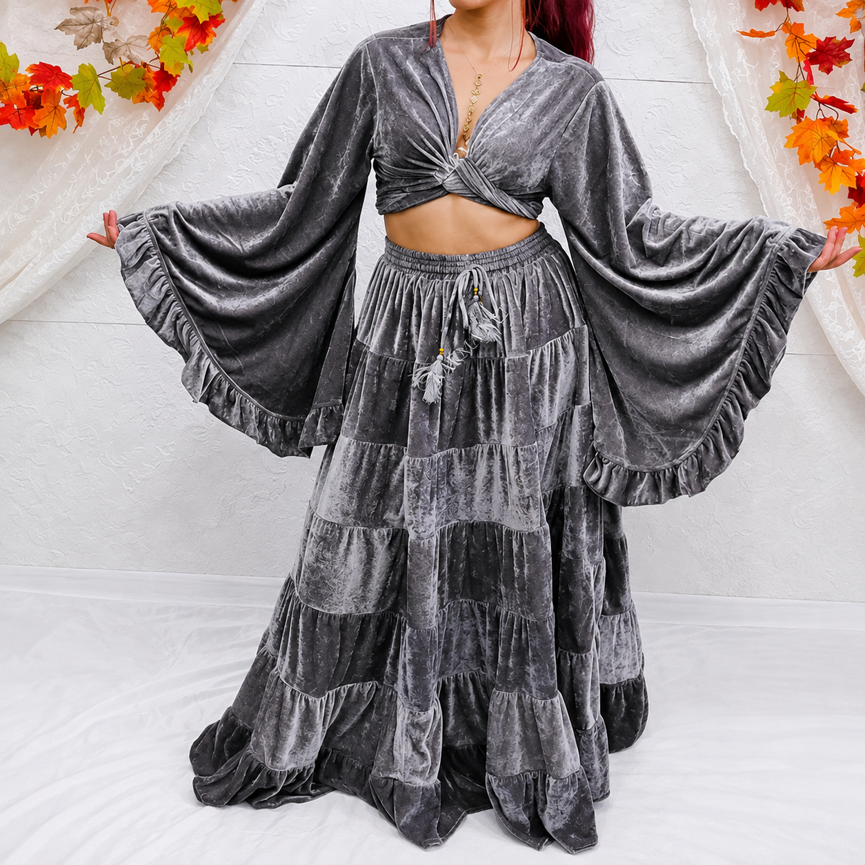 Casual Bohemian Velvet Flowy Maxi Skirt For Women