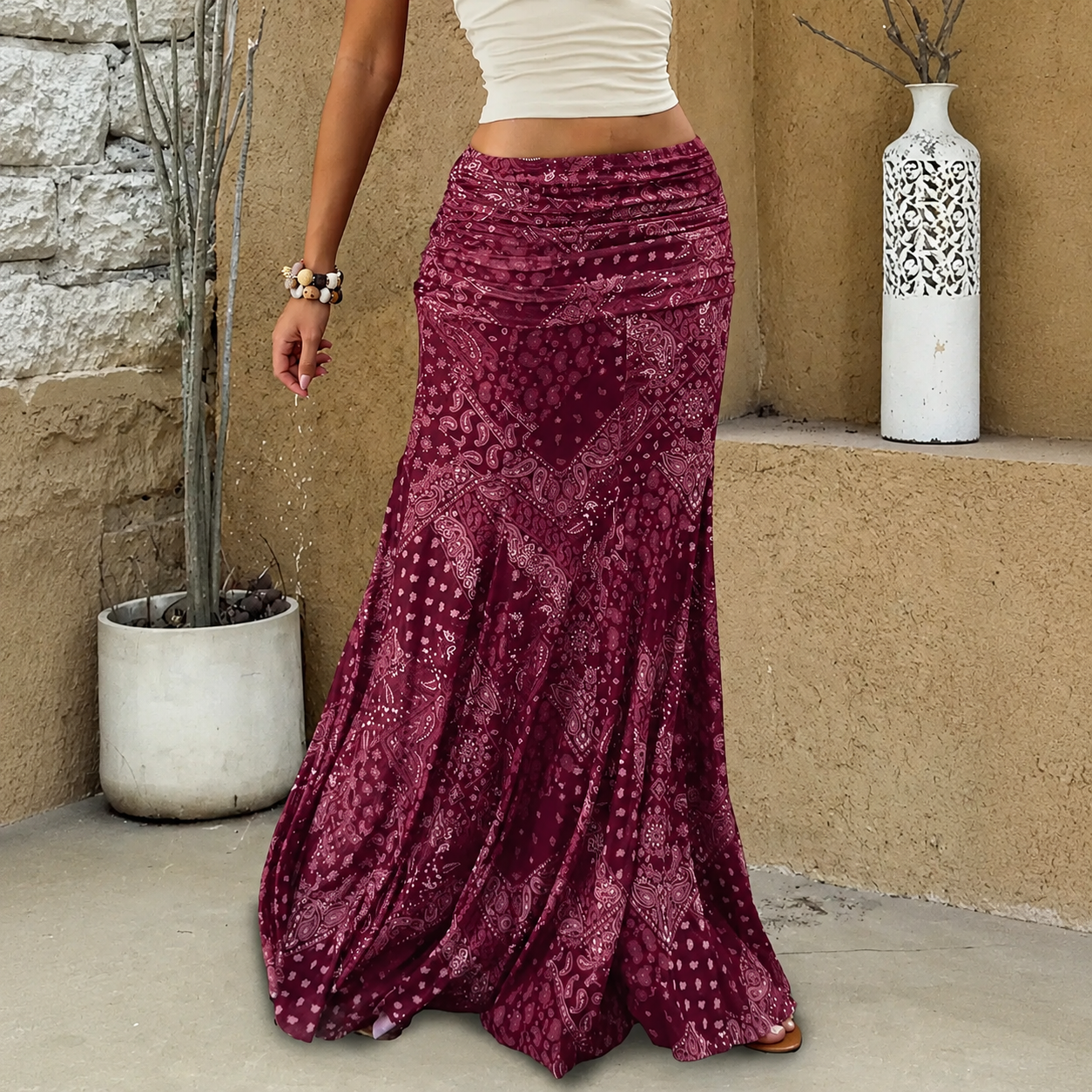 Casual Maxi Vintage Printed Ruched Skirt For Women
