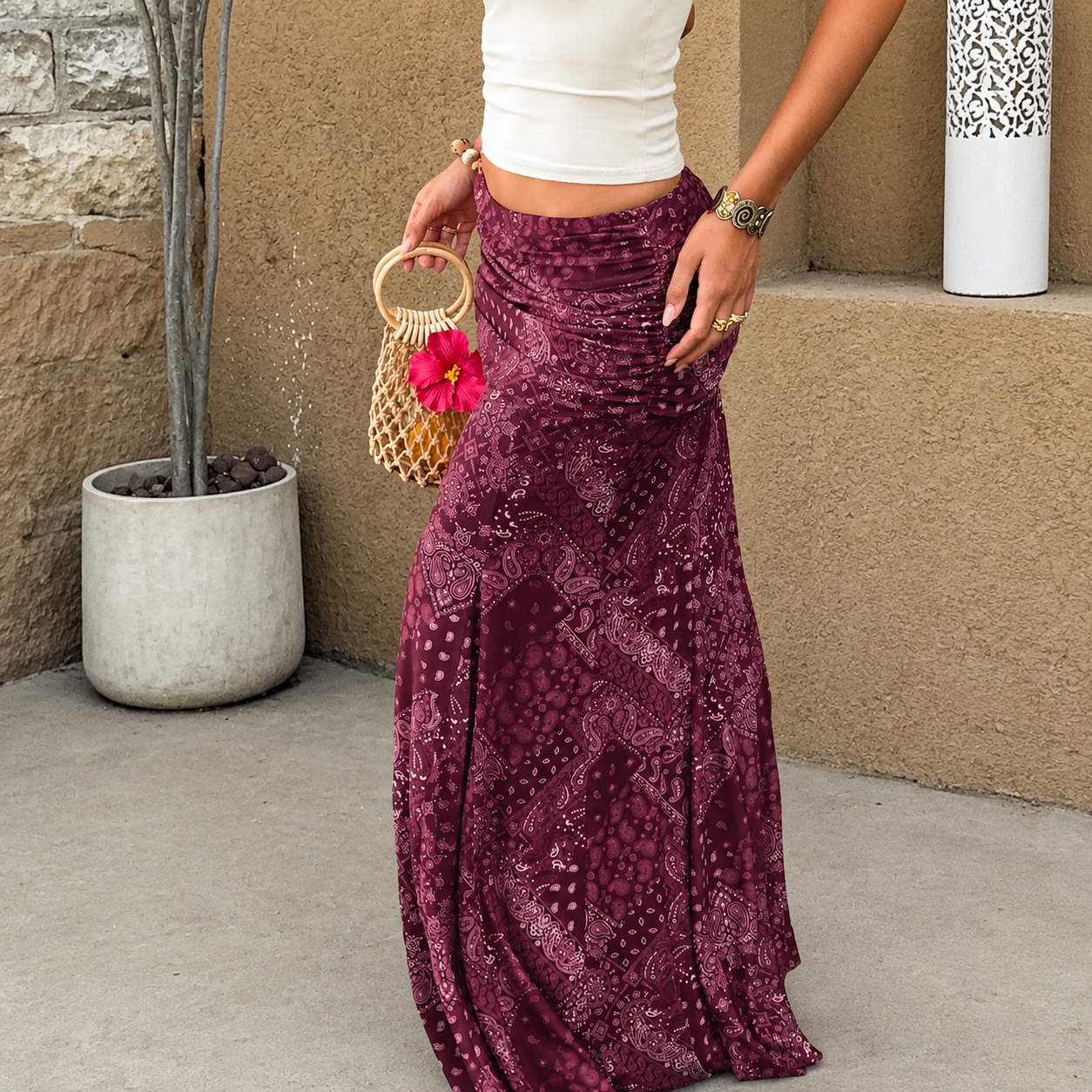 Casual Maxi Vintage Printed Ruched Skirt For Women