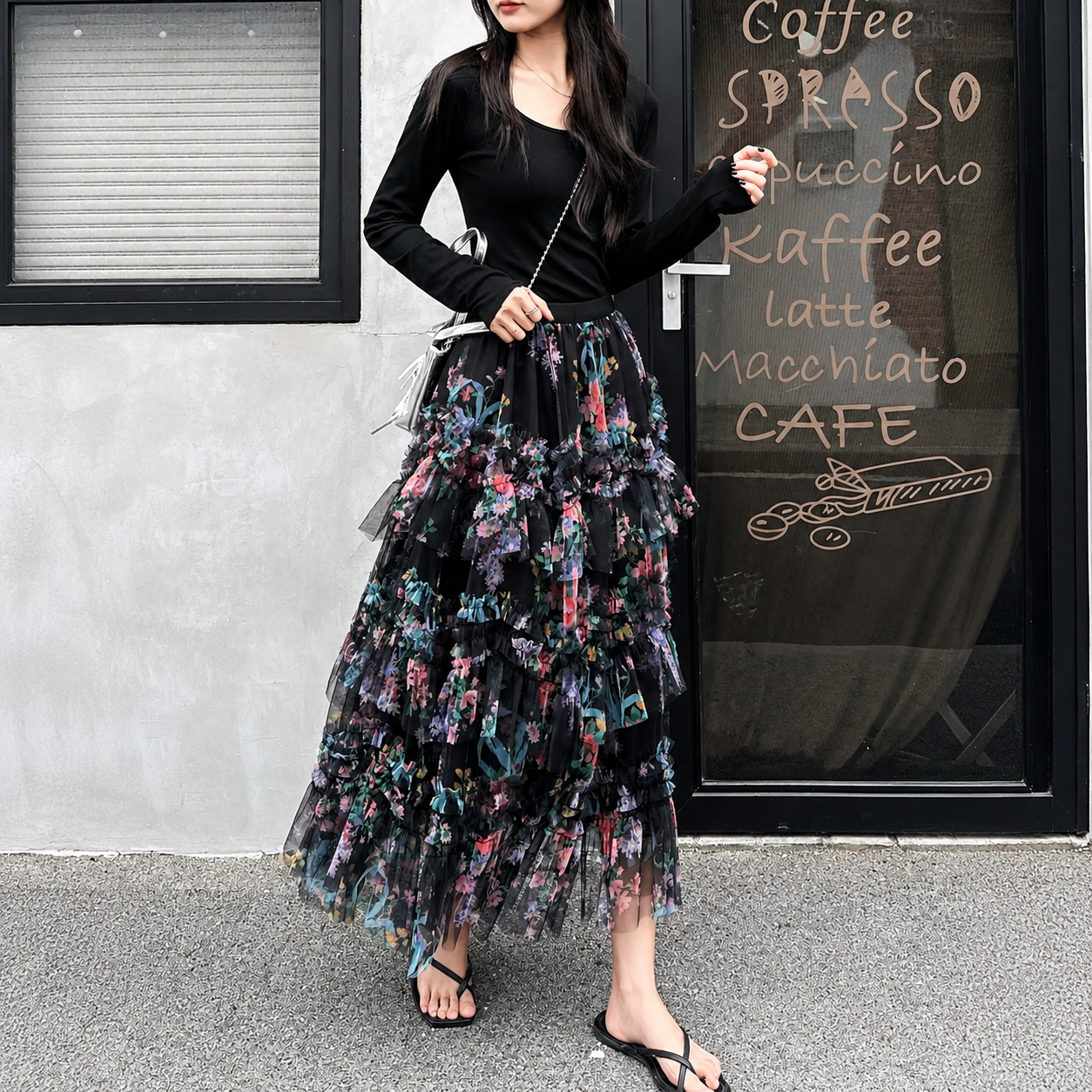French Vintage Ruffled Asymmetrical Mesh Skirt For Women