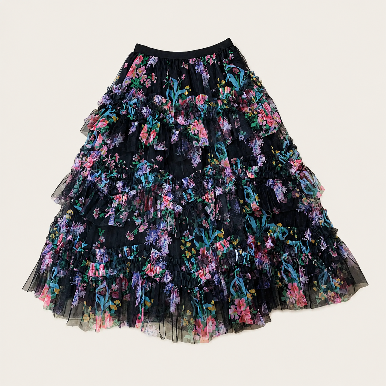 French Vintage Ruffled Asymmetrical Mesh Skirt For Women