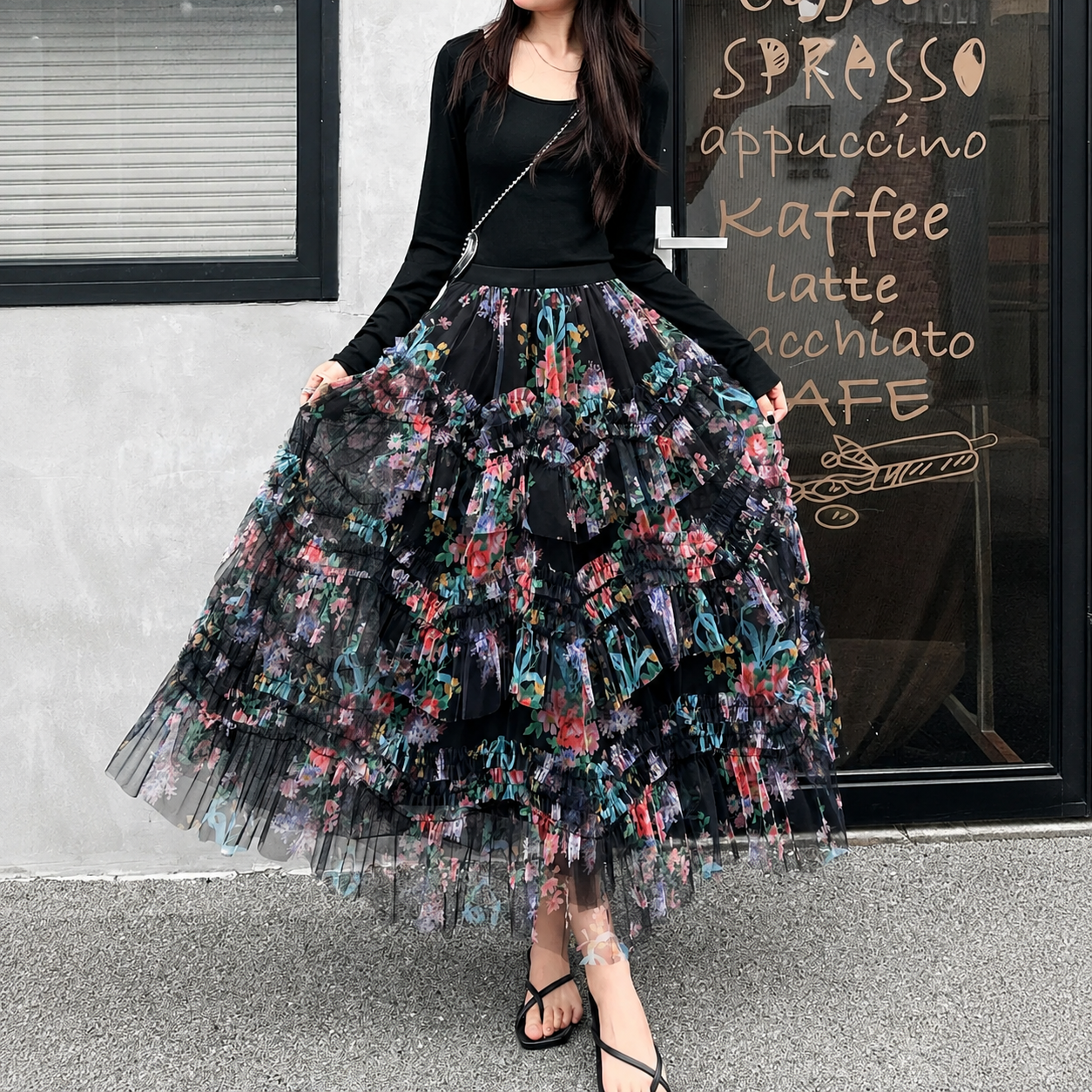 French Vintage Ruffled Asymmetrical Mesh Skirt For Women